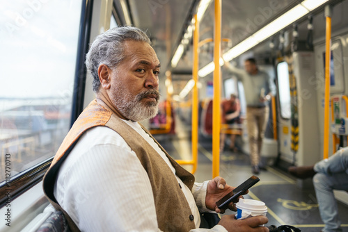 man commuting on the subway to work photo