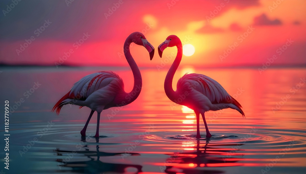 Fototapeta premium Candid image, photography, natural textures, highly realistic light, editorial, Two pink flamingos, one male and one female, standing in clear shallow water. The sunset is a dramatic array of warm col