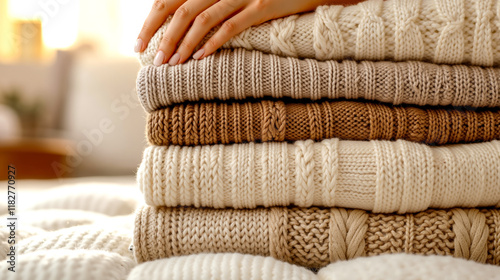 A stack of sweaters on a bed with a woman's hand on top of them photo