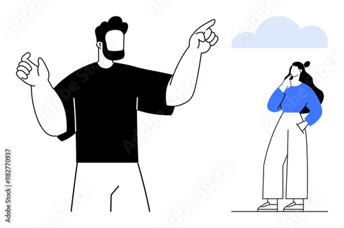 Two minimalist figures converse, one gesturing dramatically and the other contemplating with hand on chin. Ideal for communication, negotiation, teamwork, decision-making, leadership, interpersonal