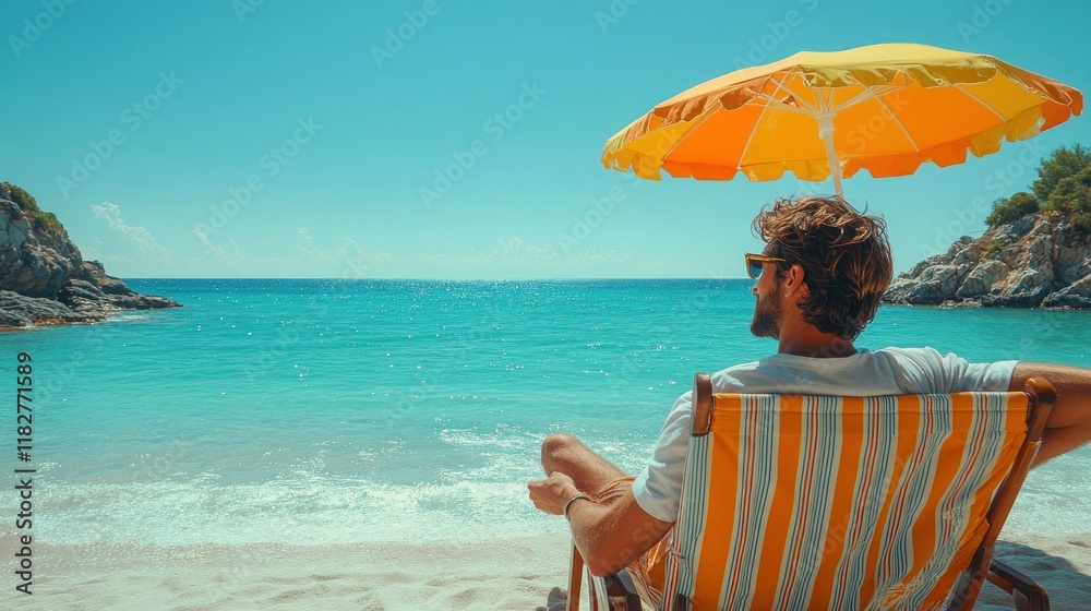A man relaxing on a beach chair under a yellow umbrella, enjoying the ocean view. A man relaxing on a beach chair under a yellow umbrella, enjoying the ocean view.