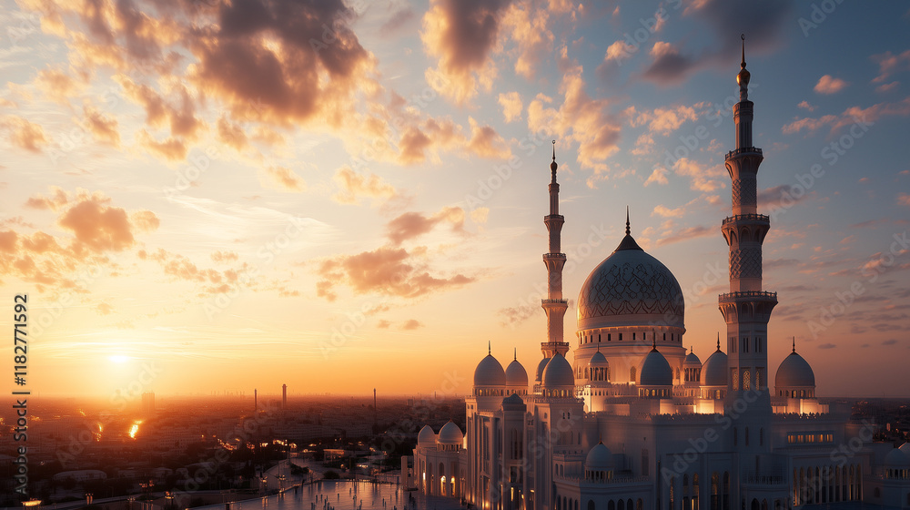 Fototapeta premium photorealistic Islamic mosque, The background sky has a gradient from night, with small clouds scattered around. there is lighting and spotlight the mosque