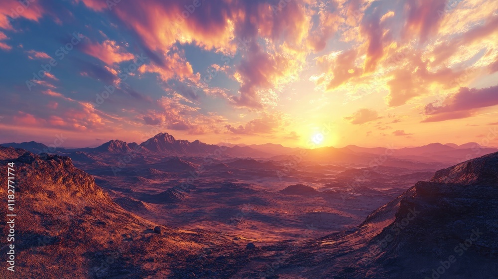 Rocky hills against a vivid sunset sky in a remote desert region. Rocky hills against a vivid sunset sky in a remote desert region.