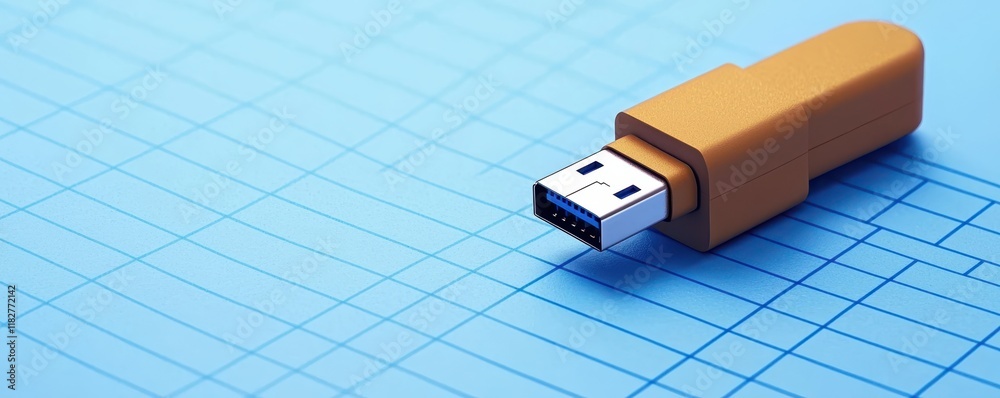 Fototapeta premium Digital encryption concepts in forensic technology. A close-up of a USB flash drive on a blue grid background, showcasing its distinctive orange casing and metallic connector.