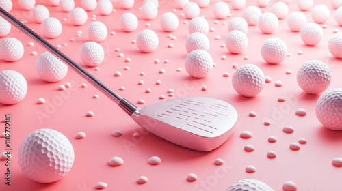 Abstract setup with a golf club surrounded by scattered golf balls on a coral pink background. photo