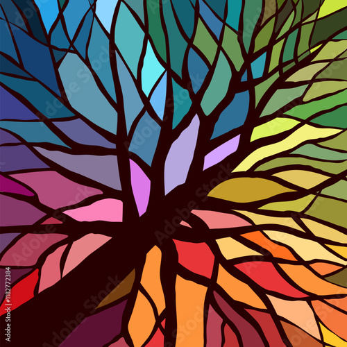 abstract mosaic tree background made of different pieces. a tree with branches and lumpy mosaic gaps in the style of antique vintage cathedral smalts and frescoes. Beautiful colorful background