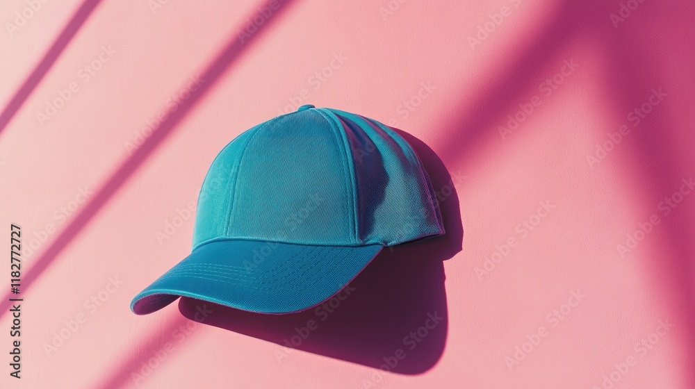 Fototapeta premium A blue cap resting on a soft pastel pink background, with gentle light highlighting its details.