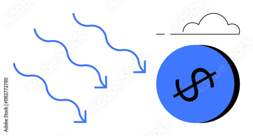 Downward arrows directed towards a dollar sign on a blue circle and a cloud above it. Ideal for economic decline, finance crisis, investment risk, market analysis, financial reminder, budgeting