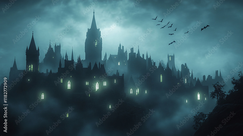 Fototapeta premium Mysterious Castle in Foggy Night with Bats Flying Overhead