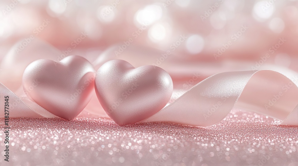 Fototapeta premium Romantic pink heart ornaments with glitter and ribbons