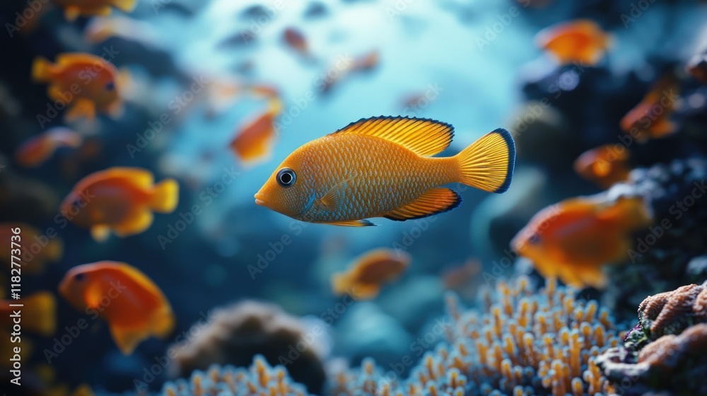 Fototapeta premium Colorful tropical fish swimming among coral reefs in a vibrant underwater ecosystem at midday. Generative AI