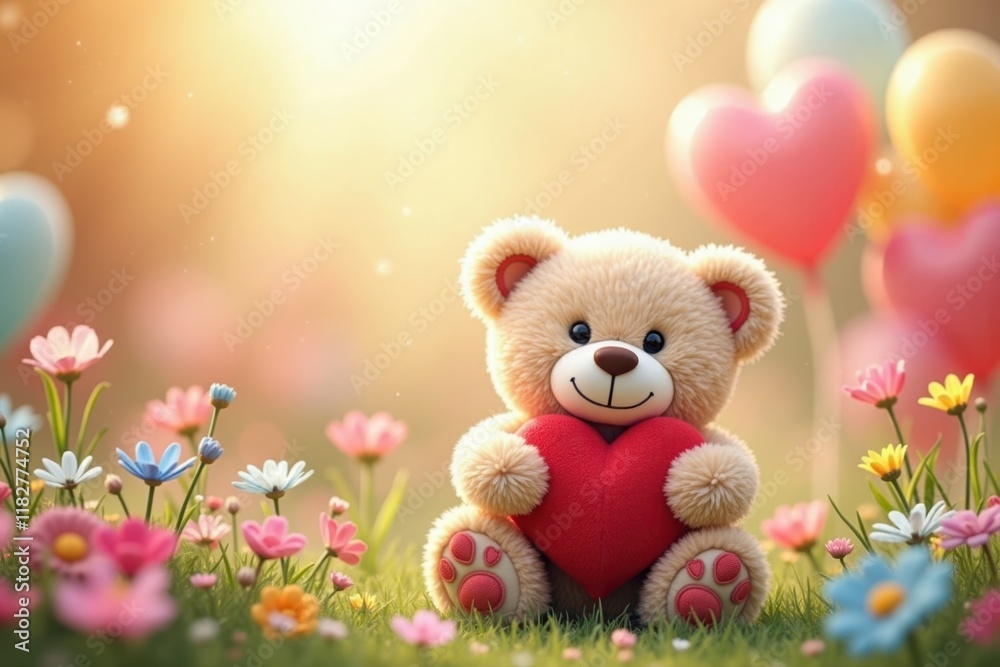 Background Copy-space for text. A cheerful teddy bear hugging a heart sits in a garden filled with Valentine's Day flowers and colorful balloons Background Copy-space for text. A cheerful teddy bear hugging a heart sits in a garden filled with Valentine's Day flowers and colorful balloons