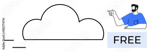 Cloud outline with dashes indicating speed. Man in blue shirt points to the sign FREE. Ideal for online storage, data transfer, digital service, technology, accessibility, marketing, user-friendly