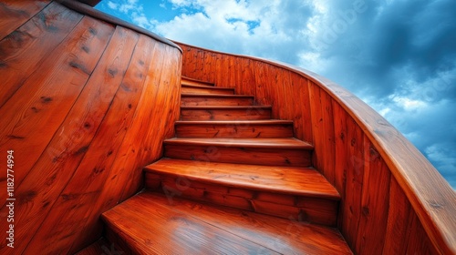 Wooden ship stairs ascend to sky