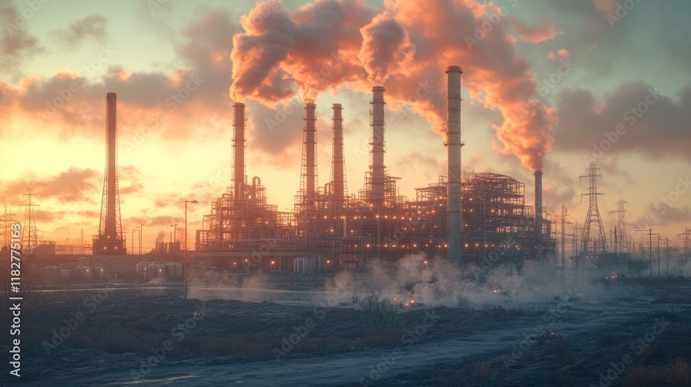 Fototapeta premium Industrial facility emits smoke against a vibrant sunset over a power line landscape. Generative AI