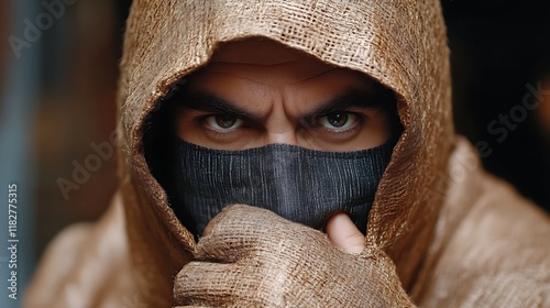 Masked Figure in Burlap Hood: A Dramatic Close-Up photo