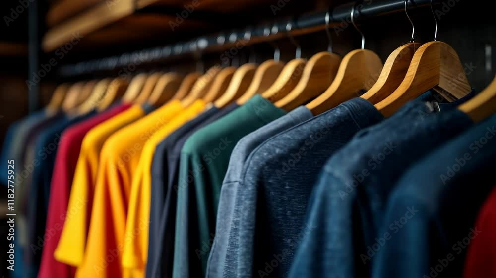 Colorful shirts hanging on wooden hangers in a retail store display during the afternoon