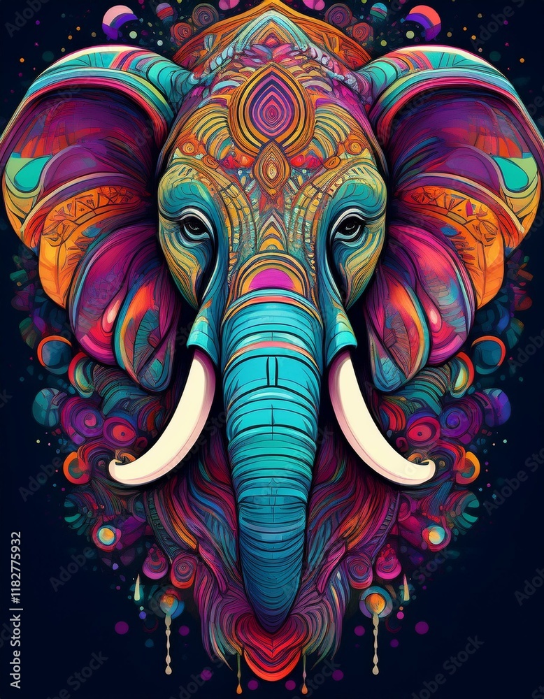 Obraz premium tête d'éléphant décorée de couleurs vives et de peinture en ia