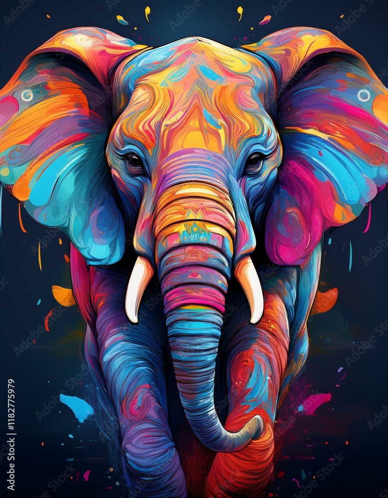 Obraz premium tête d'éléphant décorée de couleurs vives et de peinture en ia