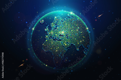 Abstract illustration of glowing world map globe made of neon particles. Blue geometric background depicting planet Earth in space. Educational vector atlas of Europa and Africa continents