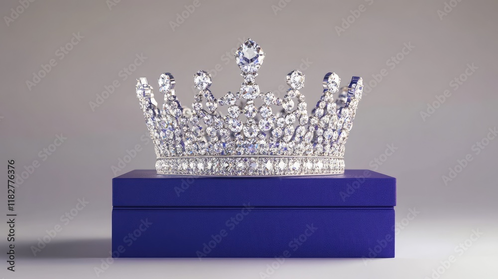 Fototapeta premium A diamond crown sparkles inside a royal blue box, resting on a gradient silver-gray background.