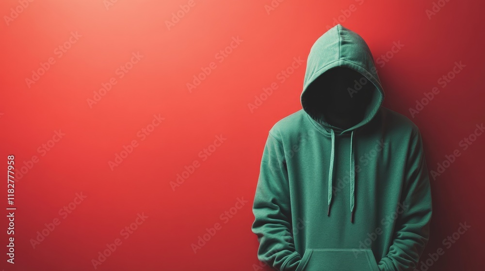 A green hoodie displayed against a complementary red background, showcasing a bold pairing A green hoodie displayed against a complementary red background, showcasing a bold pairing