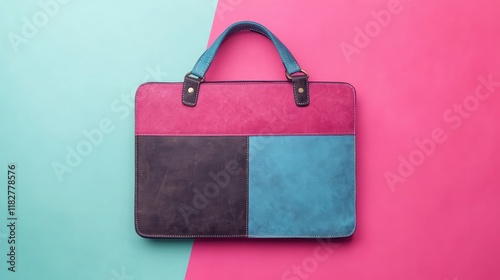 A leather laptop bag with a colorful ombr background blending pink and blue, exuding a trendy and professional vibe. photo