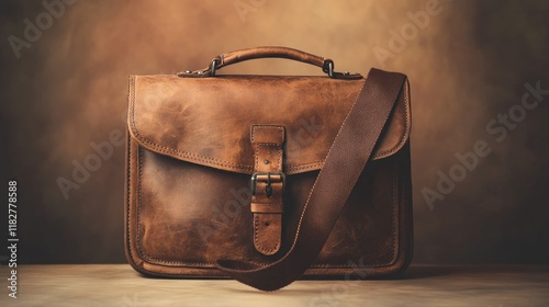 A leather messenger bag placed on a warm-toned background with soft lighting, emphasizing its craftsmanship. photo