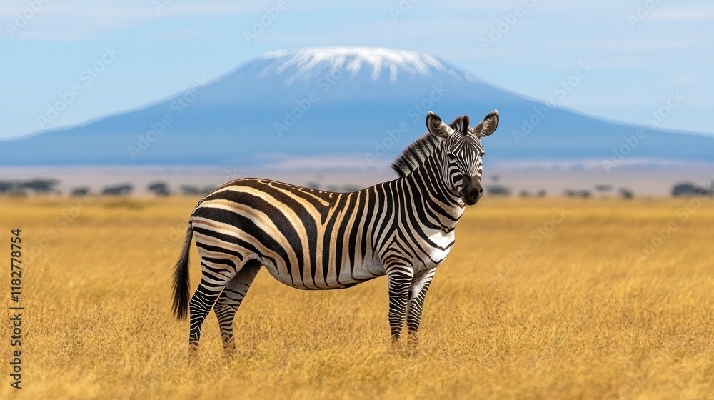 Naklejka premium Zebra standing, African savanna, Kilimanjaro backdrop, wildlife photography