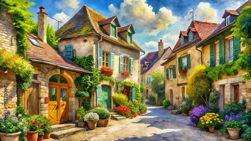 Fototapeta Naklejka Na Ścianę i Meble -  Digital Watercolor Painting of Charming French Village Scene