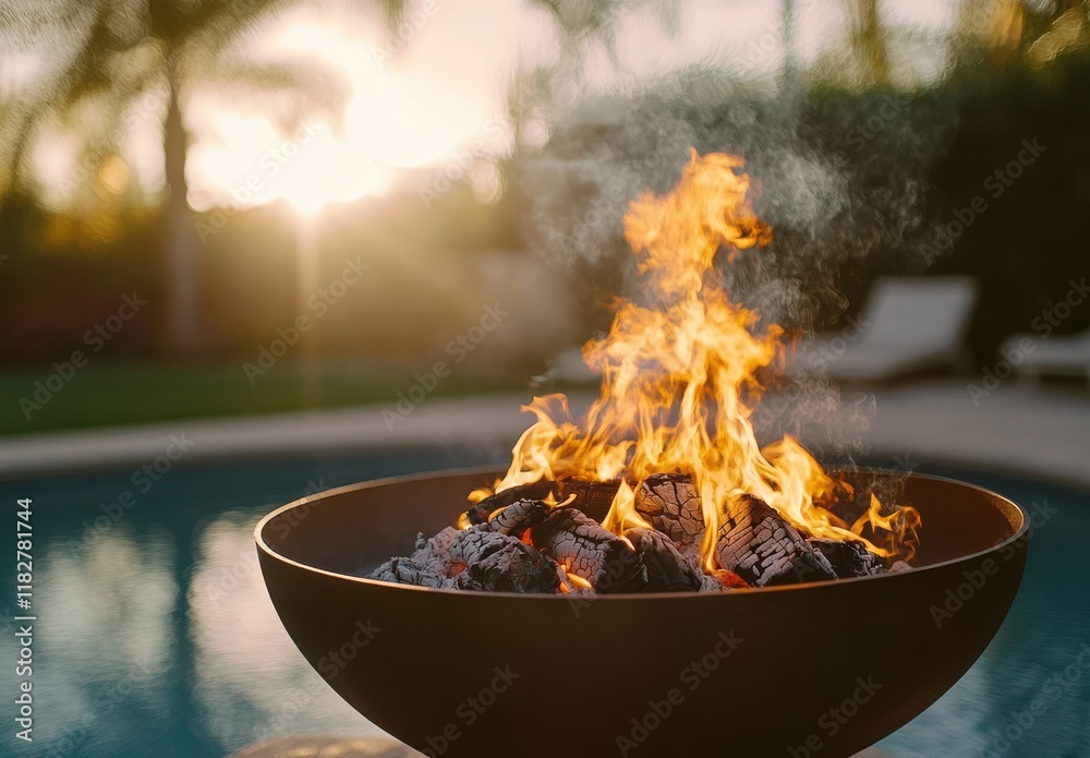 Elegant outdoor fire pit with vibrant flames and glowing embers, creating a warm atmosphere in a tranquil garden during sunset with a pool in the background Elegant outdoor fire pit with vibrant flames and glowing embers, creating a warm atmosphere in a tranquil garden during sunset with a pool in the background