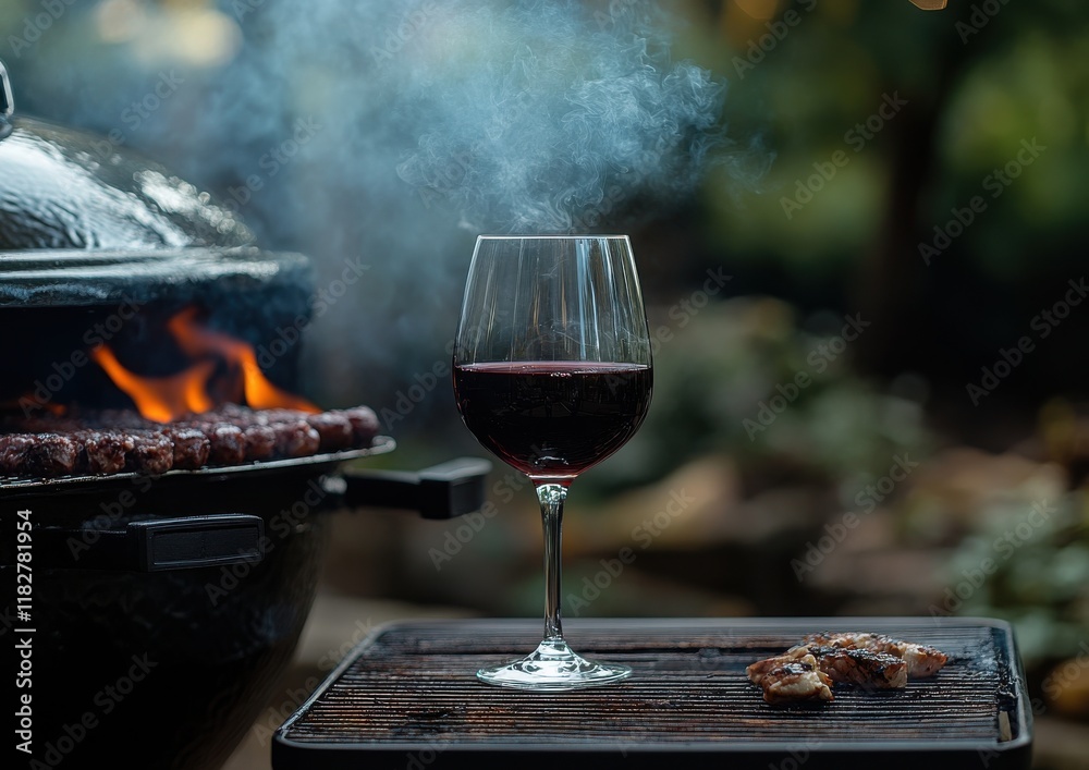 Elegant Red Wine Glass Beside a Smoky Barbecue Grill with Grilled Meat and Delicious Smoke Rising in a Relaxing Outdoor Setting Elegant Red Wine Glass Beside a Smoky Barbecue Grill with Grilled Meat and Delicious Smoke Rising in a Relaxing Outdoor Setting