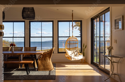 Luxury Coastal home in Fall with hanging chair rattan  photo