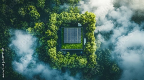 An aerial view of a data center surrounded by lush greenery and clouds in the sky, symbolizing eco-friendly cloud computing solutions,
