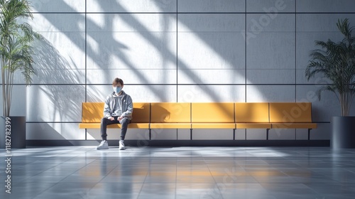 Young person sitting alone on a yellow bench in a bright, modern indoor space with sunlight. Generative AI
