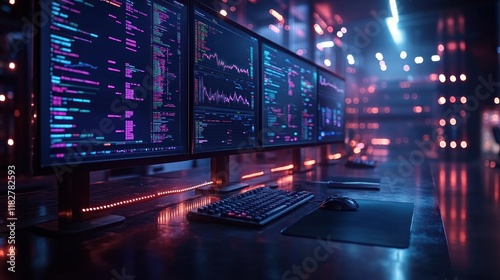 Wallpaper Mural A modern workspace featuring multiple monitors displaying data and analytics in a tech environment. Torontodigital.ca