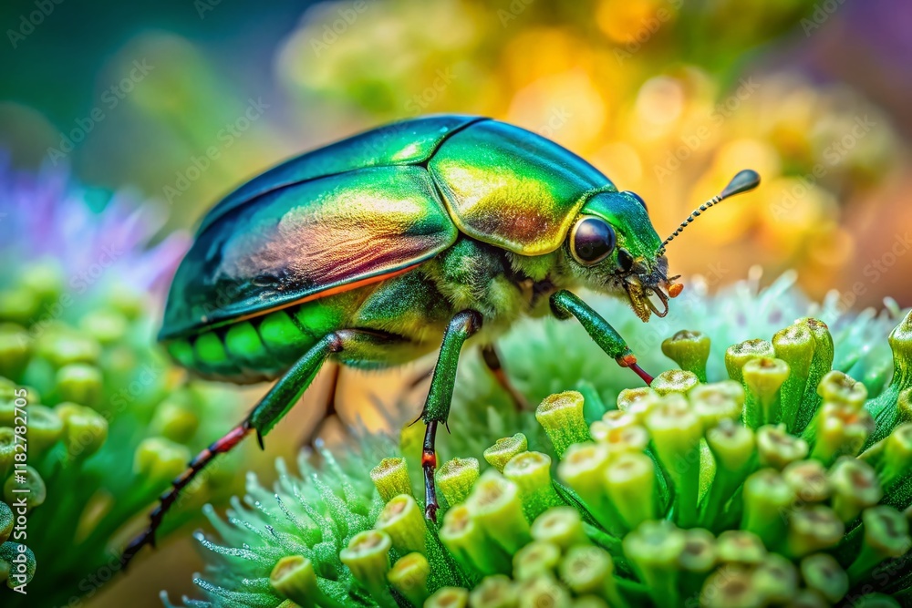 Naklejka premium Double Exposure: Chafer Beetle on Blooming Plant, Nature Macro Photography