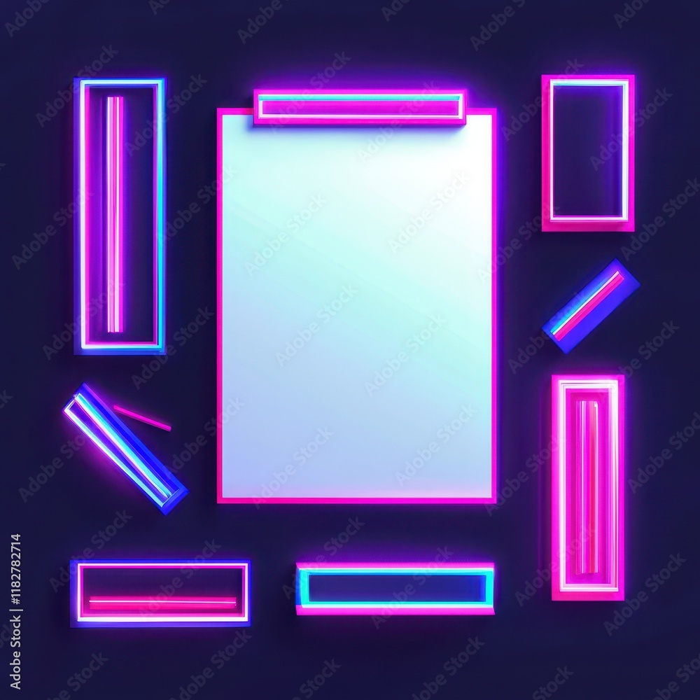 Concept of goal setting motivation timeline. A vibrant, neon-themed composition featuring various illuminated frames surrounding a central reflective surface.