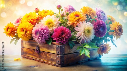 Wallpaper Mural Double Exposure: Chrysanthemum Bush in Wooden Box, Isolated White Background Torontodigital.ca