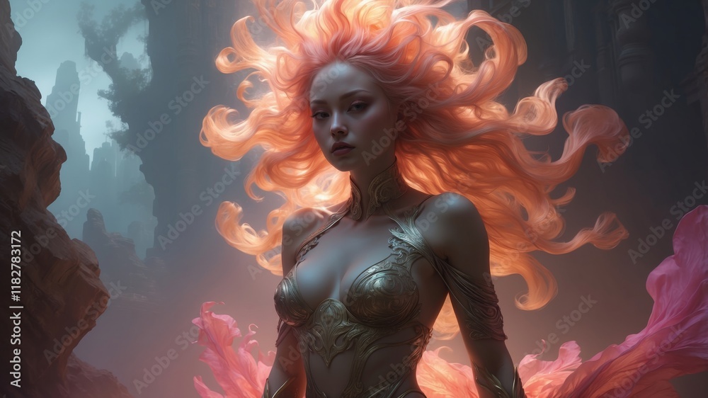 Dramatic hyperrealistic fractal female figure with dreamy atmosphere Dramatic hyperrealistic fractal female figure with dreamy atmosphere