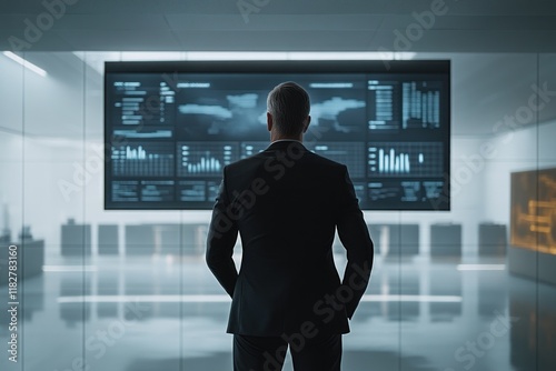 Business executive analyzes data in a modern office space with large screens displaying information. Generative AI