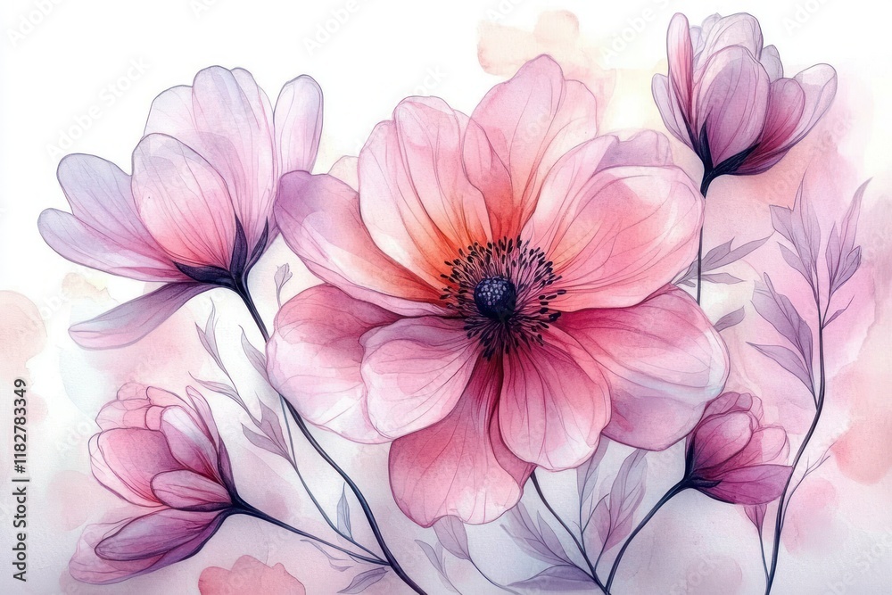 Obraz premium Pink Flower Watercolor Illustration with Elegant Rose and Transparent Petals