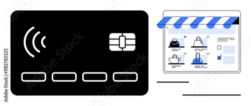 Contactless payment card and online shopping cart with multiple items under storefront awning. Ideal for e-commerce, retail, transactions, finance, technology, digital marketing, and consumer goods