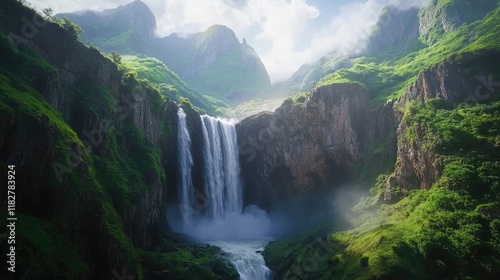 A wide-angle shot of a massive waterfall surrounded by steep cliffs and lush vegetation.