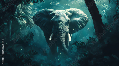 > majestic elephant in lush, mysterious jungle. Frostglint. Illustration photo