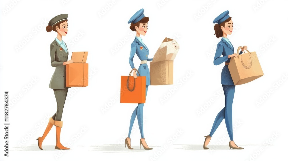 Obraz premium three stylish female postal workers carrying packages and shopping bags