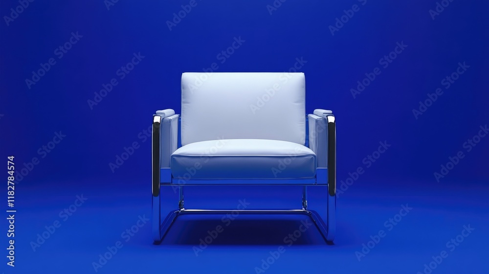 A sleek chrome-framed lounge chair with white leather, positioned on a bold cobalt blue background for a modern luxury feel A sleek chrome-framed lounge chair with white leather, positioned on a bold cobalt blue background for a modern luxury feel
