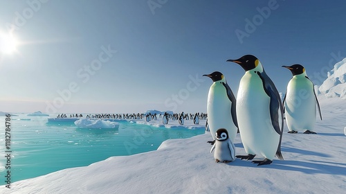 Adorable Penguins Waddling on Icy Plateau by Bright Blue Ocean with Baby Penguin Snuggled Close photo