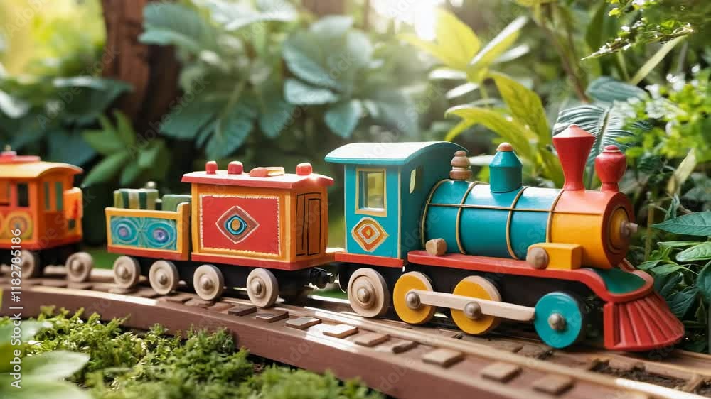 A wooden train with a red and yellow caboose and a green engine. The train is on a track surrounded by green plants