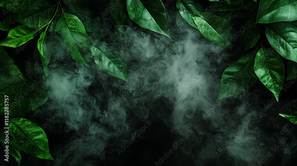 Fototapeta premium Lush green leaves surrounded by mist create serene atmosphere